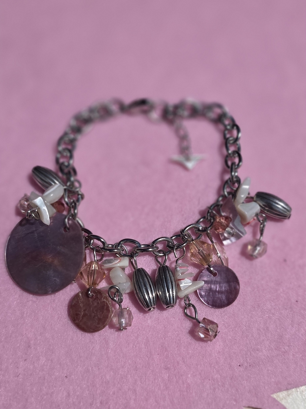 Silver Chain Charm Bracelet with Pink Shell and Crystal Accents